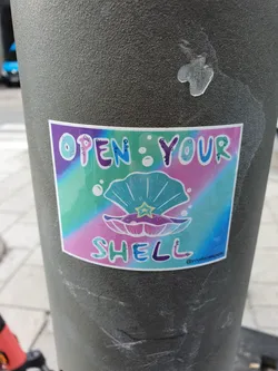 Street sticker A pastel-colored sticker with an illustration of a seashell and the text "Open Your Shell".  The sticker has a cute, whimsical design.