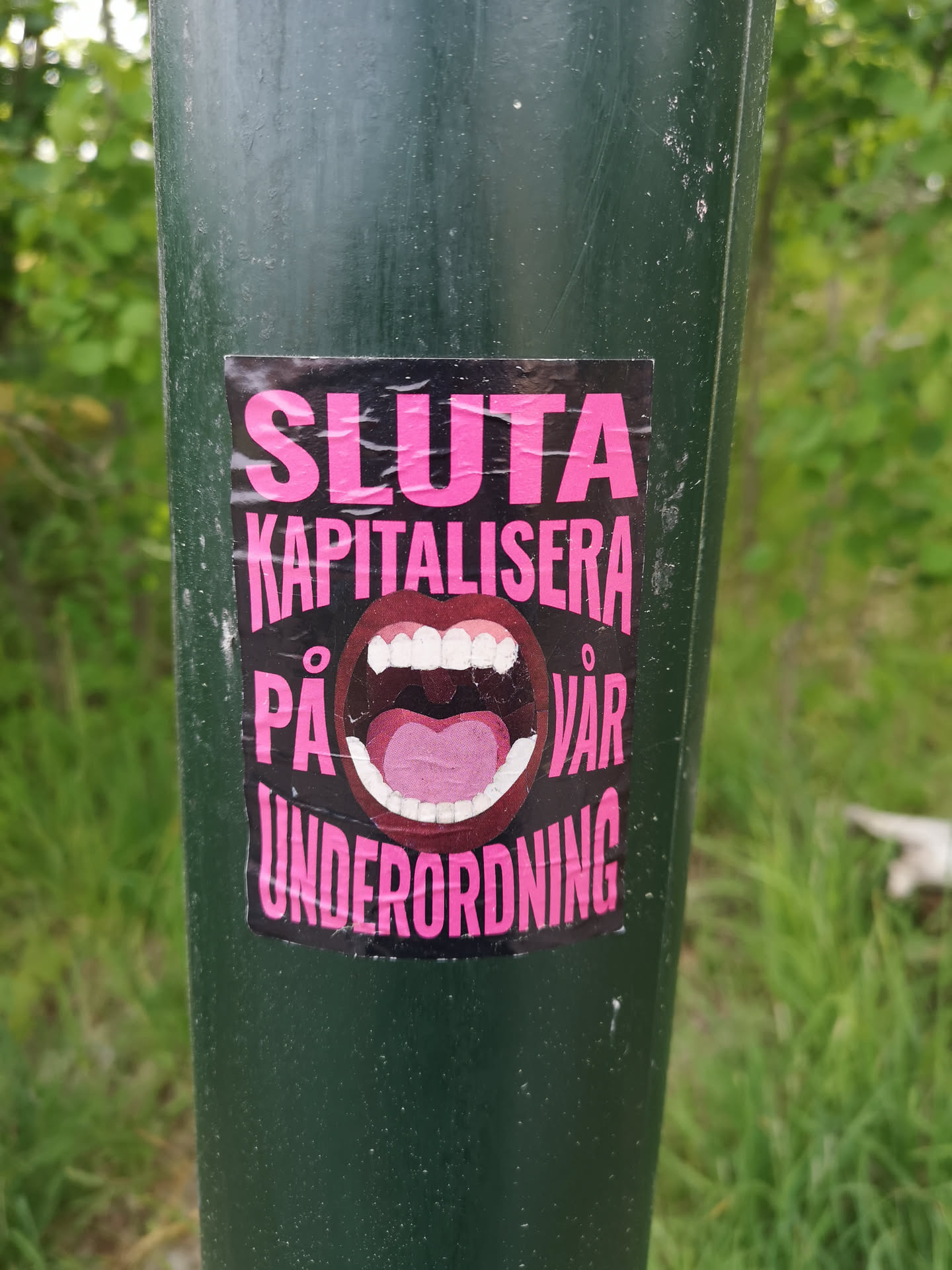 A rectangular black sticker with bold pink Swedish text surrounding a central graphic of a wide-open, screaming mouth with white teeth and a pink tongue.