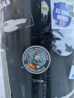 A circular sticker featuring a stylized, aggressive hockey player. The player is depicted from the waist up, wearing a light blue helmet with a 'CCM' logo, a light blue jersey, and orange gloves. His face shows a grimace with bared teeth and intense eyes, conveying a sense of determination or aggression. The background behind the player is a lighter blue circle. The sticker has a white and black border, with text arched along the top and bottom edges. The overall color scheme includes light blue, orange, black, white, and skin tones.