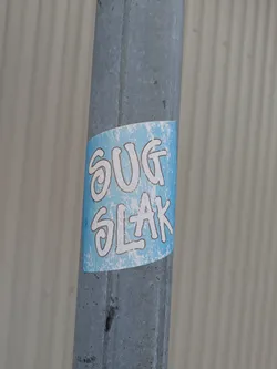 Street sticker A sticker with the words "SUG SLAK" in a stylized font is affixed to a metal pole. The sticker has a light blue background with white lettering outlined in black. The background also has a textured, distressed effect. The pole is gray and shows some signs of wear.