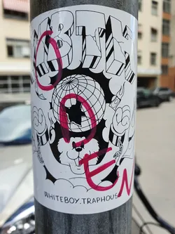 Street sticker A sticker with an illustration of a globe and the word "World" written in large letters. There is also a bear-like figure in the center. The word "Open" is tagged on the sticker with pink color.  The bottom of the sticker displays the text "whiteboy.traphouse".