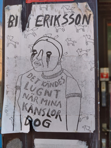 Street sticker A black and white drawing of a person with tears running down their face. The person is wearing a sweater with text on it that says "Det känns lugnt när mina känslor dog" which translates to "It feels calm when my feelings die". The background is filled with small drawings of horses. The sticker is signed "BI ERIKSSON".