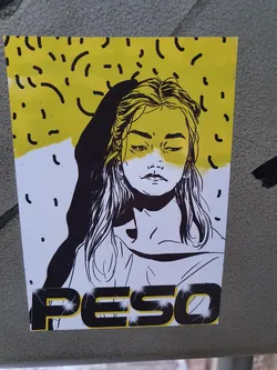 Street sticker This sticker showcases a striking illustration of a girl with a strong expression. The artist's use of black and yellow creates a bold contrast, which is further enhanced by the addition of small details that add depth and personality to the drawing. The word "PESO" is prominently displayed at the bottom, adding a layer of intrigue and potential meaning.  The overall style is reminiscent of contemporary graphic design.