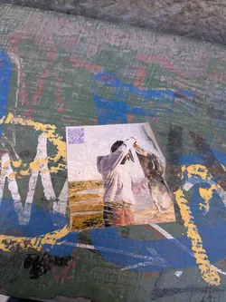Street sticker A rectangular sticker featuring a photographic image of a person from the waist up, viewed from behind. The person is wearing a light-colored hoodie and appears to be holding up a dark, textured piece of fabric or garment with both hands. Their hair, possibly dreadlocks, is visible under the hood. The background is a natural landscape, likely a marsh or field, with golden-brown grasses and a body of water under a bright sky. A purple QR code is prominently displayed in the top-left corner of the sticker. The sticker itself is slightly worn and peeling at the top right edge, applied to a heavily painted, multi-colored surface with layers of green, blue, yellow, and white paint.