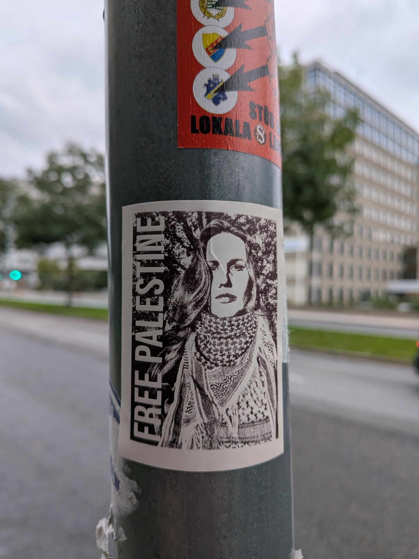 The sticker features a black and white portrait of a woman with a distinctive patterned scarf around her neck, resembling a keffiyeh. The background is textured with a dense, dark pattern. The text 'FREE PALESTINE' is prominently displayed vertically along the left side of the sticker in bold, white, sans-serif capital letters against a black background. The sticker appears to be adhered to a metal pole.