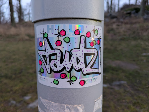 Street sticker A holographic sticker with the word "tautz" written in graffiti style.  It's decorated with small red and green circles and stars. The sticker has a slightly iridescent background.