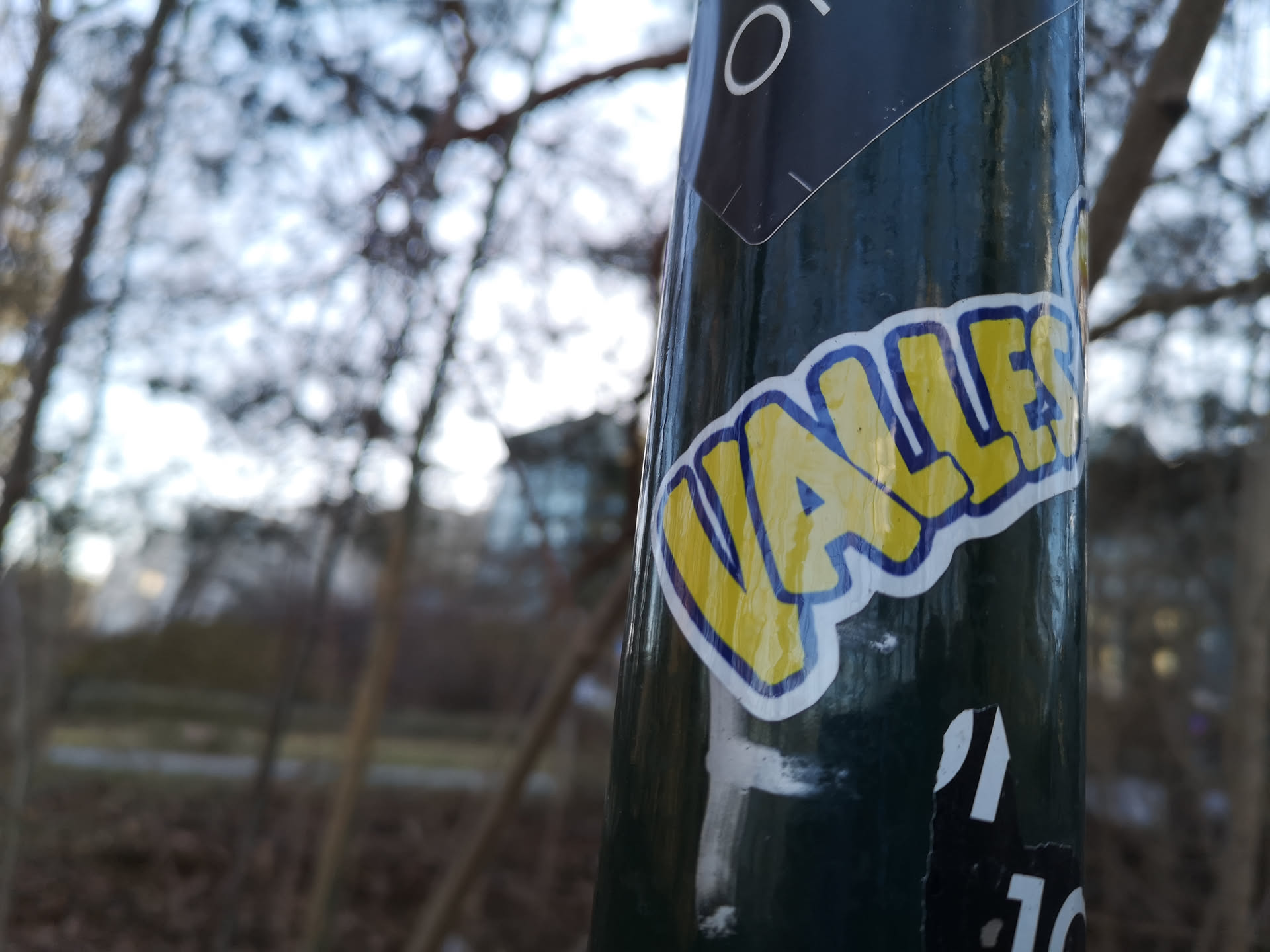 The sticker prominently displays the word 'VALLES' in a stylized, bold font, reminiscent of bubble letters or graffiti. The letters are a vibrant yellow, outlined first by a thick, dark blue border, and then by a thinner white border, creating a layered, three-dimensional effect. The sticker itself is rectangular with slightly rounded corners and appears to be applied to a dark, possibly metallic, pole. The surface of the sticker shows some minor texture and reflections, indicating its physical presence.
