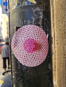 Street sticker Round sticker featuring a pattern of small circles in pink and white. The central area is a darker pink. The sticker is affixed to a dark-colored pole, showing some wear and tear.