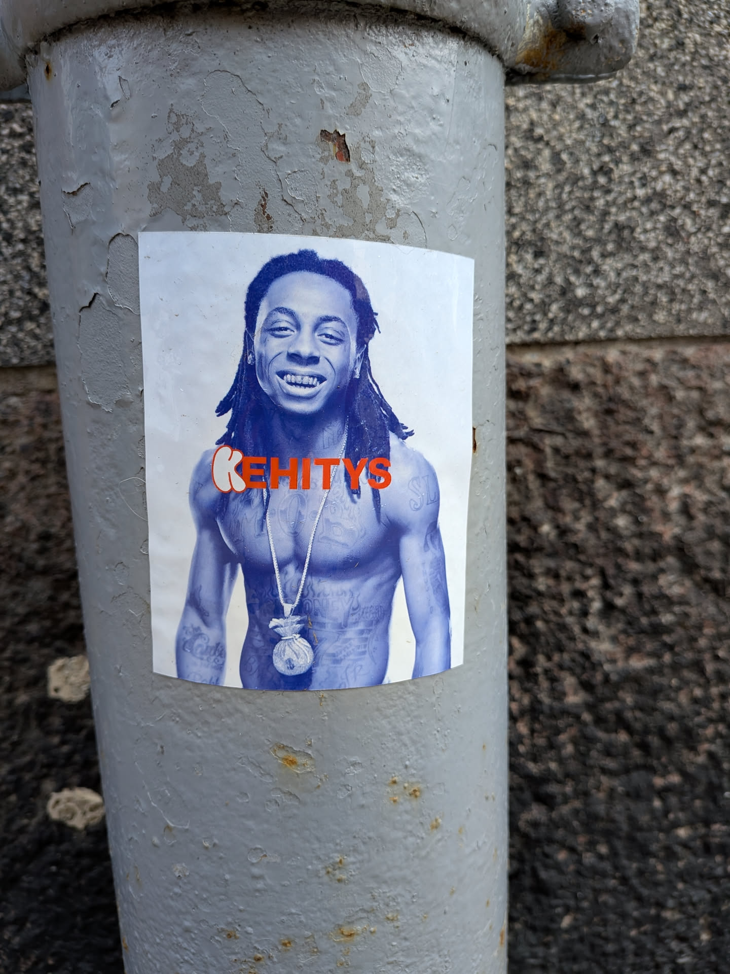 A rectangular sticker featuring a blue-tinted grayscale portrait of rapper Lil Wayne from the chest up. He is shirtless, showcasing numerous tattoos across his chest and arms, and wears a prominent silver chain with a money bag pendant. Lil Wayne is smiling broadly, revealing his dental grills, and has his signature dreadlocks. The word 'KEHITYS' is emblazoned across his chest in large, bold orange letters with a white outline, with the 'K' being slightly larger and more stylized. The sticker is adhered to a textured, peeling grey metal pipe.