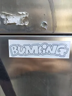 A black and white sticker with the word BUMKING written in a cartoon font. The sticker is affixed to a stainless steel surface.