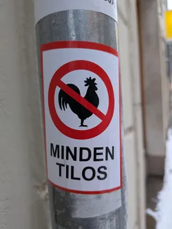 Street sticker The sticker features a white rectangular background with a prominent red circular prohibition symbol. Inside the red circle, a black silhouette of a rooster is depicted, with a red diagonal line crossing through it from top-left to bottom-right. Below the symbol, in bold black uppercase letters, the text 'MINDEN TILOS' is printed. The sticker is applied to a grey, cylindrical metal pole.