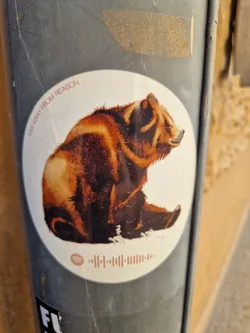 Sticker featuring a watercolor illustration of a brown bear sitting.  The text "Far away from reason" is written at the top. A Spotify code is at the bottom.