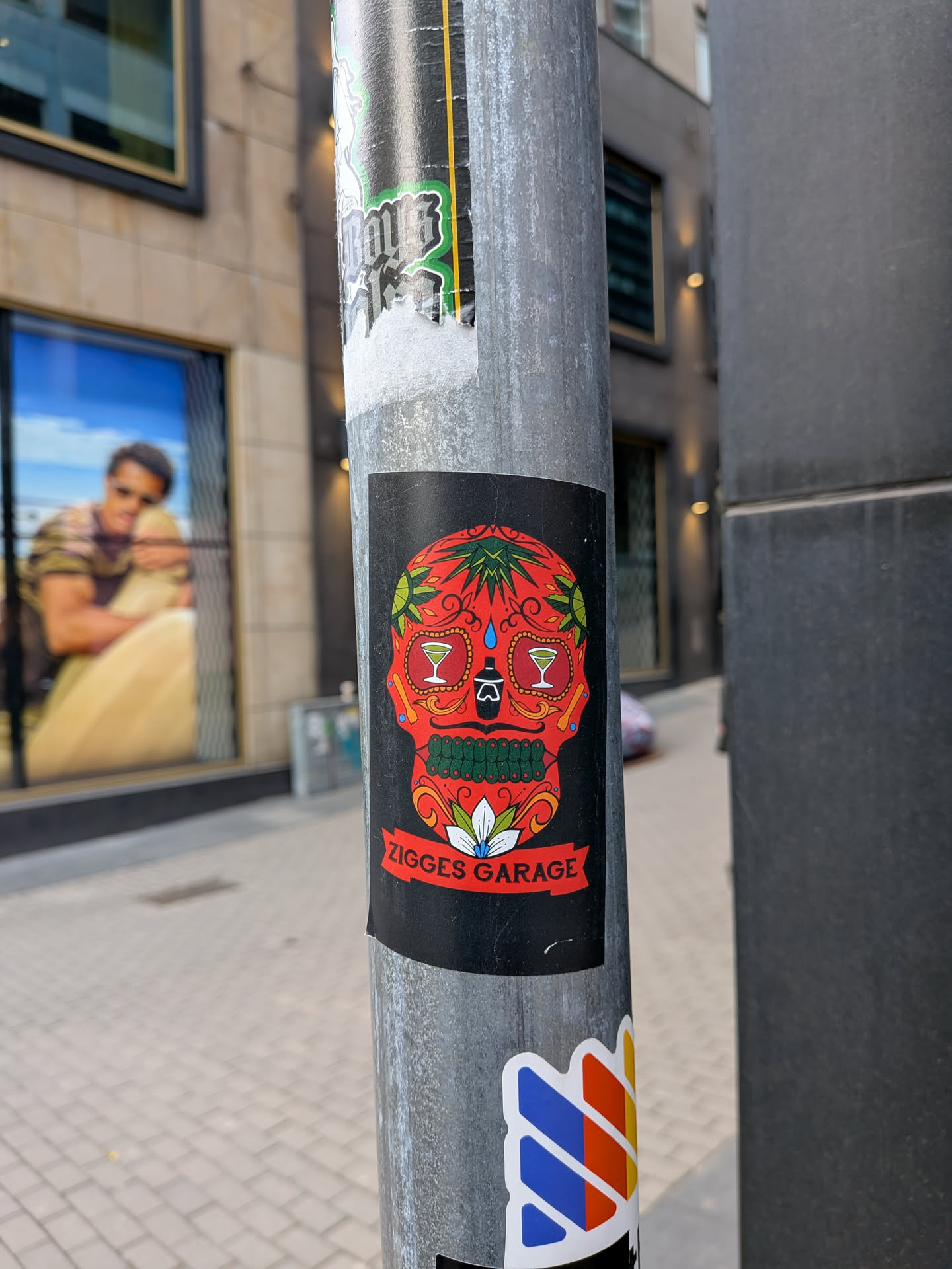 A rectangular sticker with a black background featuring a highly stylized and colorful sugar skull (calavera). The skull is predominantly red, adorned with intricate green, yellow, orange, and blue patterns. Its eye sockets contain two martini glasses, one with green liquid and the other with yellow, and a blue teardrop on the right side. The nose is depicted as a black bottle shape, and the mouth features a row of green, tooth-like elements. The forehead and cheeks are decorated with swirling motifs, dots, and leaf-like designs. At the top, there are green leaves and a red sunburst-like pattern. Below the skull, a white and blue flower with green leaves is visible. A red banner beneath the skull displays the text "ZIGGES GARAGE" in white capital letters.