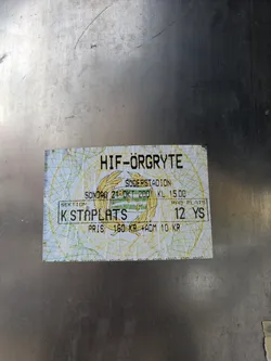 Street sticker A weathered ticket stub from a HIF-Örgryte football match at the Söderstadion on October 21st, 2001. The ticket is for section K, seat 12, and cost 160 SEK plus 10 SEK for admin.