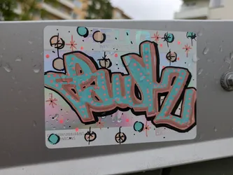 Street sticker The sticker is rectangular with rounded corners, featuring a holographic background that reflects light with a rainbow sheen. The main element is a graffiti-style tag, 'BAUDZ', rendered in a prominent teal or light blue color with a thick black outline and a peach or light coral drop shadow. The teal letters are filled with numerous small, bright coral-pink dots. Above the tag, the faint, holographic text 'HELLO MY NAME IS' is visible. The background is further decorated with small, stylized starbursts in orange and black, and small teal and black circles, along with scattered black dots. Water droplets are visible on the sticker's surface, indicating it's outdoors. At the bottom left, there are two hashtags, and at the bottom right, additional text is present.