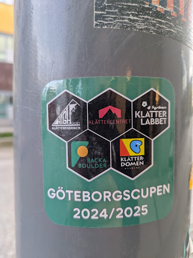 The sticker is green with rounded corners and features a series of hexagons, each containing a logo of different climbing locations: HIGH Sport Klätterfabriken, Klättercentret, Kyrkan Klätterlabbet, Backa Boulder, and Klätterdomen Kviberg. Below the hexagons, the text "Göteborgscupen 2024/2025" is printed in white.