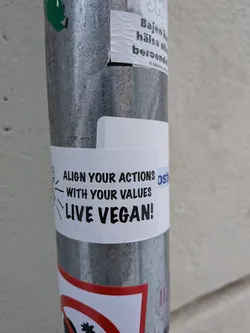 Street sticker A rectangular white sticker with bold black text, adhered to a textured metallic pole. The text is arranged in three lines: 'ALIGN YOUR ACTIONS', 'WITH YOUR VALUES', and 'LIVE VEGAN!'. To the left of the first line, there is a simple black line drawing resembling a head with radiating lines, possibly symbolizing thought or communication. The sticker shows minor wrinkles and texture, suggesting it is a physical sticker.