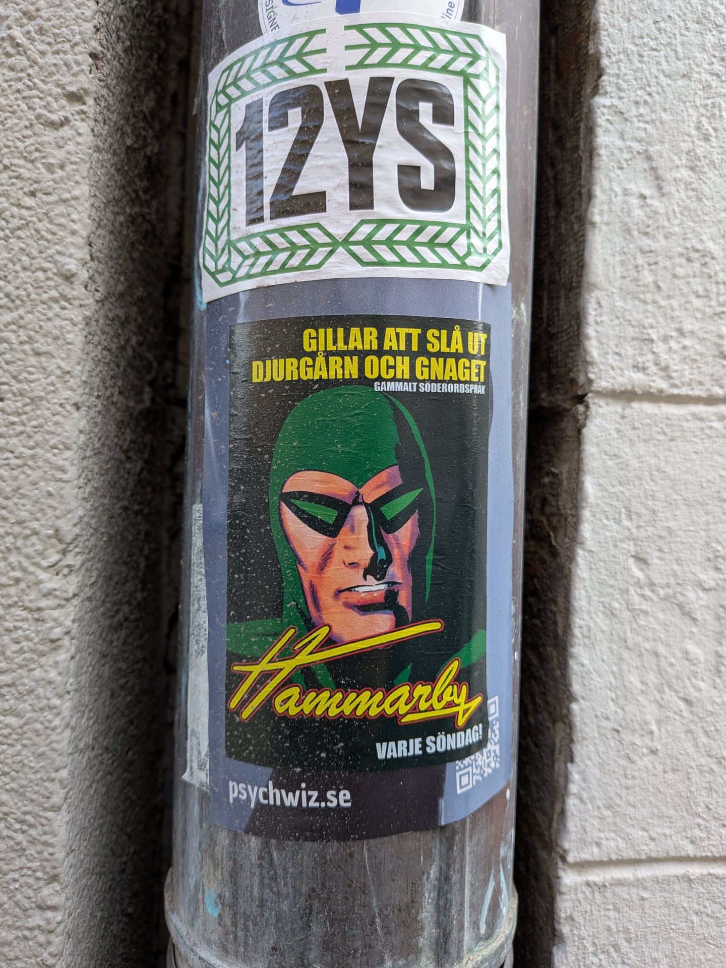 The central sticker features a stylized depiction of a masked hero, strongly resembling The Phantom, with a green cowl and dark, angular sunglasses. His face is rendered with warm, almost orange and yellow skin tones, contrasting with the dark, speckled background. Above the character, yellow text reads "GILLAR ATT SLÅ UT DJURGÅRN OCH GNAGET" with smaller white text "GAMMALT SÖDERORDSPRÅK". Below the character, the word "Hammarby" is prominently displayed in a vibrant yellow script font with a green outline, followed by "VARJE SÖNDAG!" in white. At the bottom left, a website "psychwiz.se" is visible, and a small QR code is on the bottom right. The sticker itself is dark, possibly black or dark blue, with a slightly speckled texture, showing signs of wear. A separate, smaller sticker is affixed above it, displaying "12YS" in black letters on a white background, framed by a green chevron pattern.