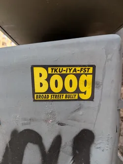 A rectangular sticker with a black background and bold yellow elements. The word 'Boog' is written in a large, stylized yellow font. Above the letters 'oog' is a yellow horizontal bar containing the black text 'TKU-IYA-FST'. Below the letters 'Boo' is another yellow horizontal bar containing the black text 'BROAD STREET BULLY'.