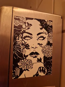 Street sticker A sticker featuring a black and white illustration of a woman's face surrounded by flowers and plants. The style is reminiscent of botanical illustrations with dark outlines and detailed shading. The woman's expression is serene, and the flowers add a delicate yet dramatic touch to the piece. It's a visually striking image that would make a great addition to any collection.