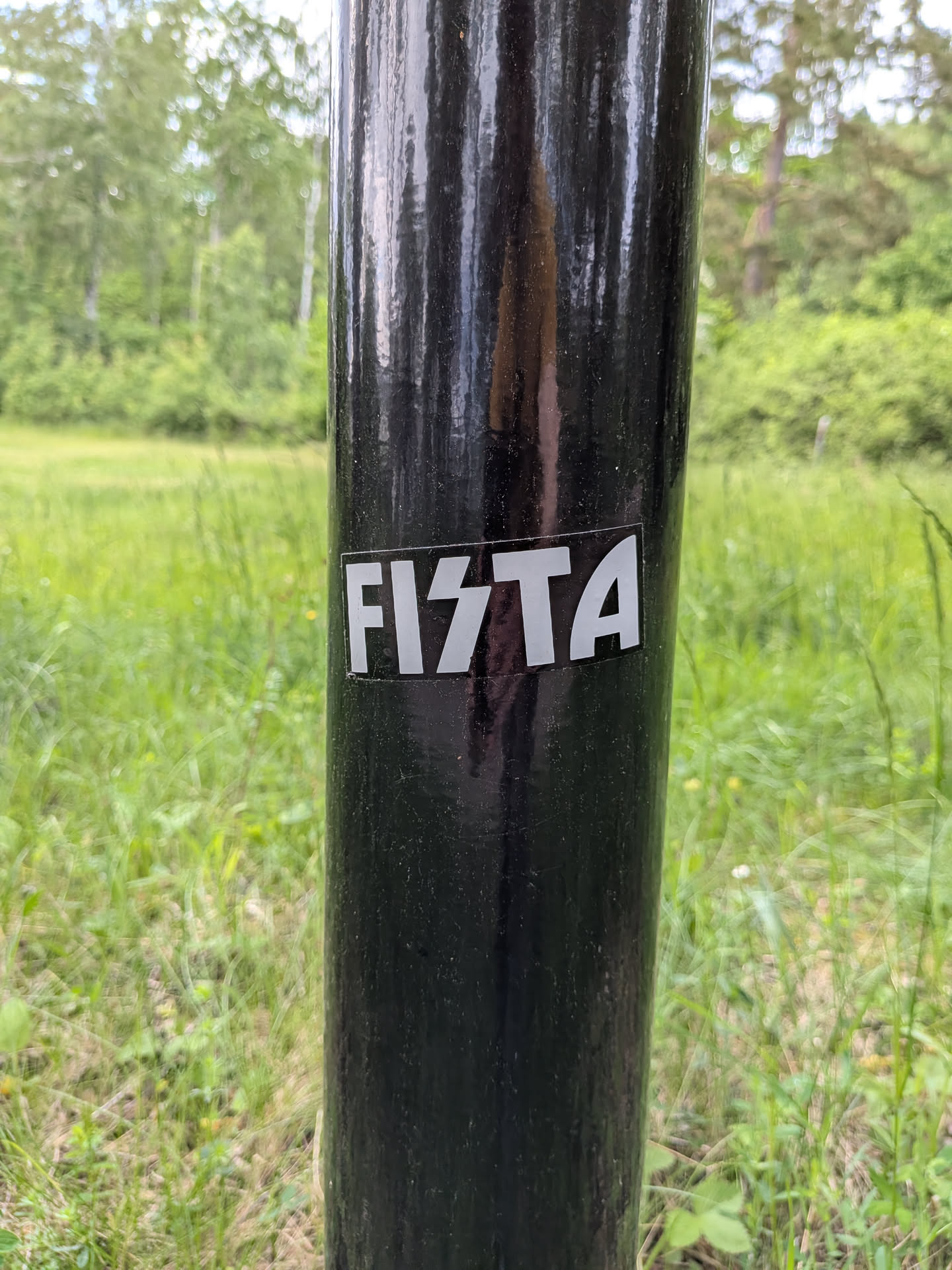A rectangular black sticker featuring the word 'FISTA' in bold, white, stylized capital letters, with the 'S' shaped like a lightning bolt. It is affixed to a glossy black metal pole.