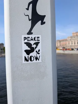 Street sticker A rectangular white sticker with bold black text reading 'PEACE' and 'NOW' framing a stylized black dove silhouette with an olive branch. A small Instagram handle is printed vertically on the right margin.