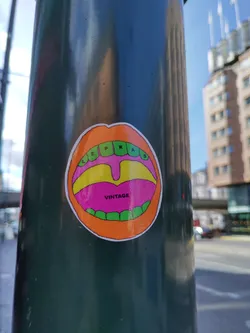 A round sticker featuring a stylized illustration of a mouth with teeth. The inside of the mouth is pink and yellow, and the teeth are green. The word "VINTAGE" is written inside the mouth. The text "LEPRAS" is visible on the upper teeth. The sticker is affixed to a dark green pole on a city street.