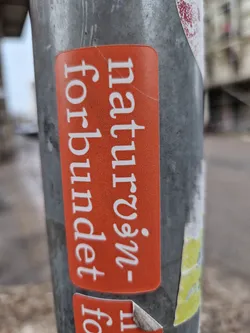 Street sticker An orange sticker with the text " - Mëgji - Natur - forbundet" which translates from Albanian to English as "Nature for the bound". The sticker is placed on a gray metal pole.