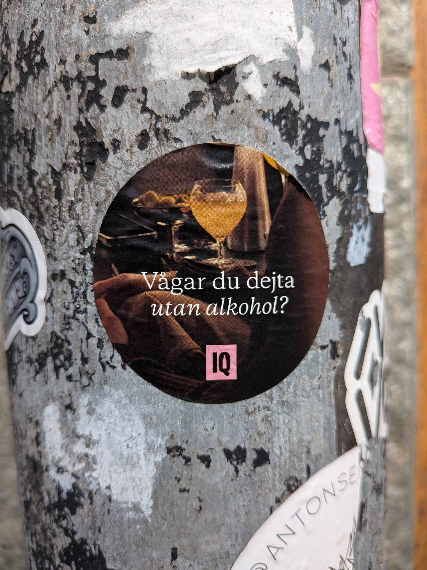 Circular sticker showing a cocktail glass in a dim bar setting. Features white Swedish text asking 'Vågar du dejta utan alkohol?' and a pink 'IQ' logo at the bottom.