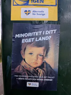 Street sticker A rectangular political sticker featuring a classic painting of a crying, blue-eyed boy. White Swedish text is positioned above and below the portrait. The bottom displays the 'Alternativ för Sverige' logo with a Swedish flag-colored heart.