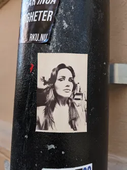 A sticker featuring a black and white portrait of a woman with long hair. The sticker is affixed to a dark-colored pole.