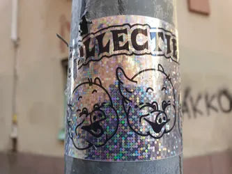 A holographic sticker featuring two cartoon pigs with mischievous expressions. The sticker has the word "COLLECTIE" printed at the top. The background is a sparkly, iridescent material.