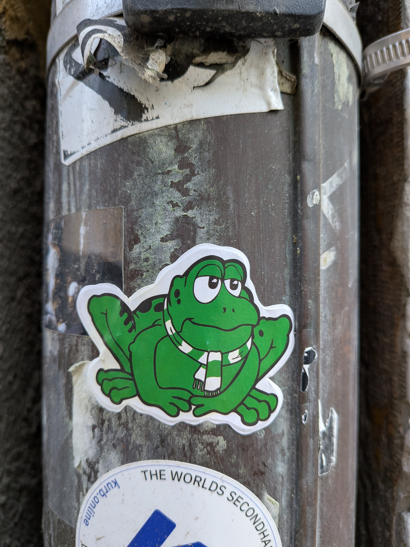 The central sticker features a vibrant green cartoon frog, depicted in a sitting position with its front paws slightly raised. The frog has large, expressive white eyes with black pupils looking upwards and to the right, and a wide, friendly smile. Its body is bright green with darker green outlines and a few black spots on its back. Around its neck, the frog wears a white scarf adorned with horizontal black stripes. The entire frog illustration is cut out with a distinct white border, giving it a clean, outlined appearance against the weathered, dark metallic pole it's adhered to.