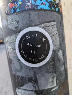 Street sticker Round black and white sticker with a minimalist design. It features a stylized face-like image with N-I+ symbols and the words UMEÄ and PETRICORE.
