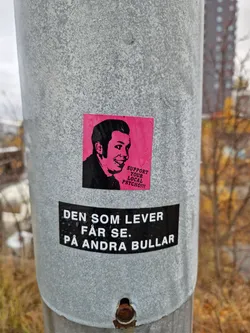 Street sticker A sticker featuring a stylized portrait of a man with the text "Support your local psycho!!"  Below it is another sticker with the text in Swedish: "Den som lever får se på andra bullar" which translates to: "He who lives will see other buns".
