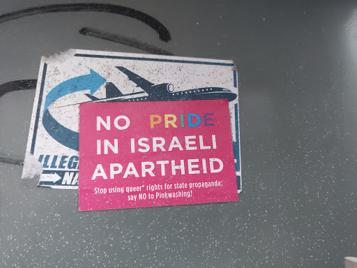 Street sticker Stockholm NO PRIDE IN ISRAELI APARTHEID Stop using queer rights for state propaganda: say NO to Pinkwashing!