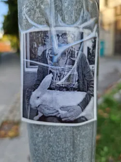 A sticker featuring a grayscale photo of a person gently holding a white rabbit. The person appears to be wearing glasses and a patterned shirt. The image is simple yet evokes a sense of calm and connection.
