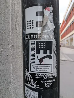 Street sticker A white rectangular sticker featuring a black graphic of a stylized 'E' with telephone elements. It includes the vertical text 'EUROCOP.NU' and a Swedish warning message in a black-bordered box at the bottom.