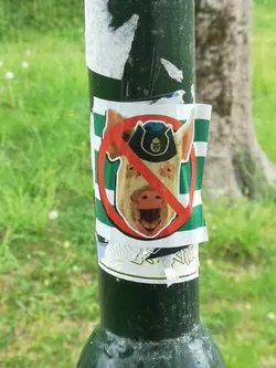 Street sticker The sticker features a cartoonish pig's head wearing a dark blue police-style hat with a gold emblem, possibly a crown or crest. A prominent red circle with a diagonal line (a 'no' or 'prohibition' symbol) is overlaid across the pig's face. The background behind the pig consists of vertical green and white stripes. The sticker is slightly worn and peeling at the edges, affixed to a dark green pole.