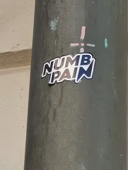 Street sticker A sticker with the text "Numb Pain" in a stylized font. The sticker is dark-colored with light-colored lettering. It is affixed to a dark gray pole.