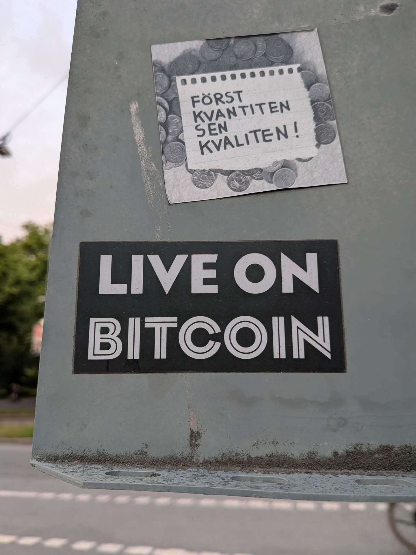 A rectangular black sticker featuring the text 'LIVE ON BITCOIN' in white. 'LIVE ON' is in a bold sans-serif font, while 'BITCOIN' is in a stylized inline font.