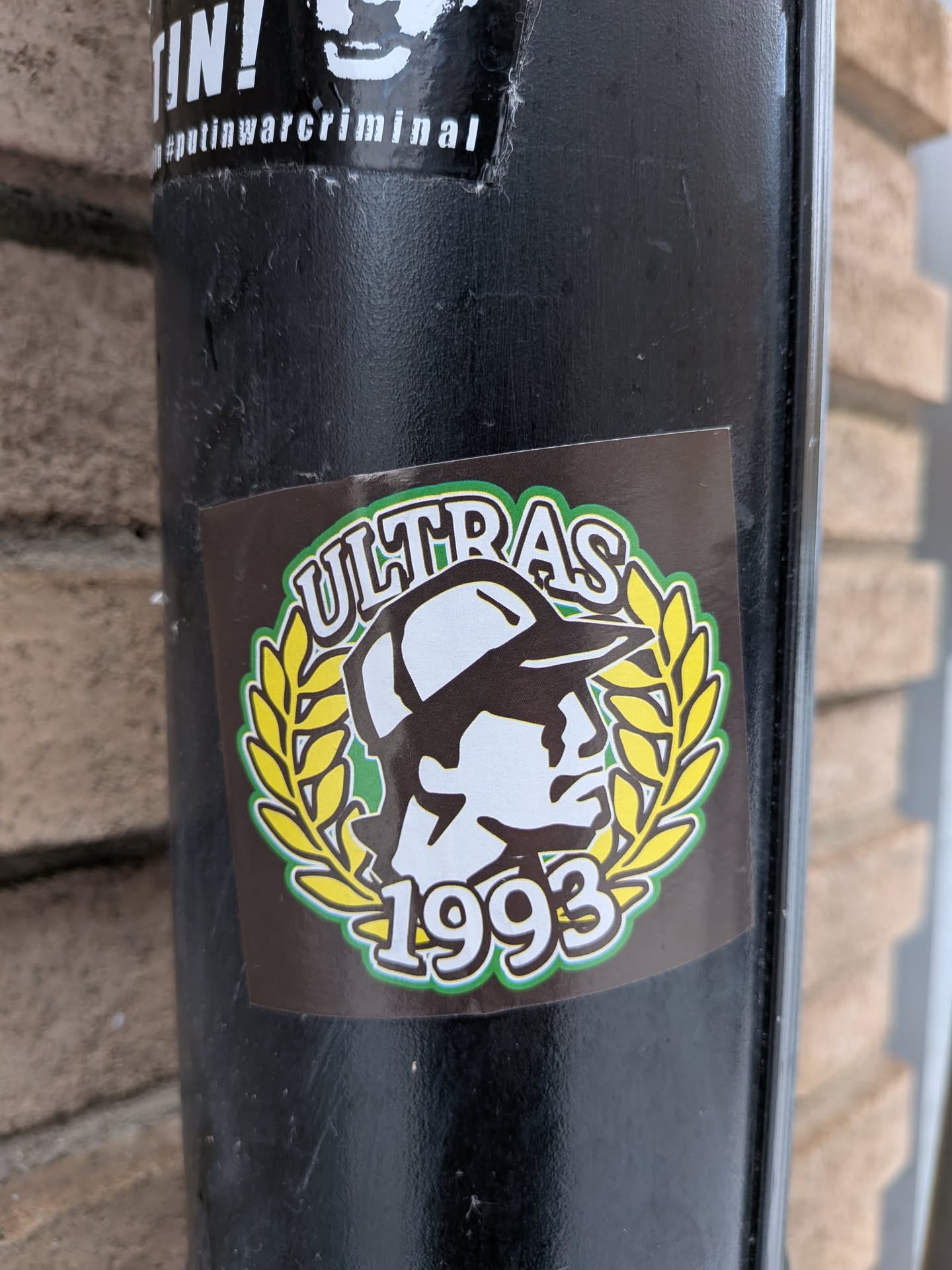 Street sticker The sticker is a rectangular, dark brown decal featuring a central circular emblem. The emblem has a vibrant green outer border. At the top, the word "ULTRAS" is written in white capital letters with a green outline, following the curve of the circle. The center of the emblem displays a stylized profile of a person's head wearing a baseball cap, facing towards the right. This head is rendered in white with black outlines and shading. Flanking the head on both sides is a yellow laurel wreath, also outlined in green, symbolizing victory or honor. At the bottom of the emblem, the year "1993" is displayed in white numbers with a green outline, mirroring the curve of the circle.