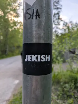 Street sticker The image shows a close-up of a silver metal pole with a black band around it. On the black band, the word "JEKISH" is printed in white block letters. The background is blurred, suggesting an outdoor setting, possibly a park or green space.