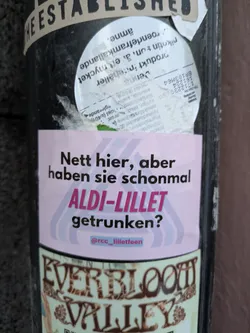 Street sticker The sticker is predominantly pink with a pastel gradient. In the center, in bold black text, it asks 'Nett hier, aber haben sie schonmal ALDI-LILLET getrunken?'. Below this, in a smaller pink bubble, is the social media handle '@rcc_lilletfeen'. The phrase 'ALDI-LILLET' is highlighted in a bold, magenta-like color.