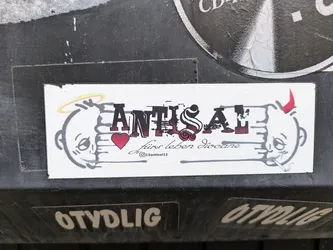 A sticker with an illustration of two faces, one with a halo and the other with horns, flanking the word "AntiSal".  The text "fürs leben diocane" is written below. An Instagram handle is also visible.