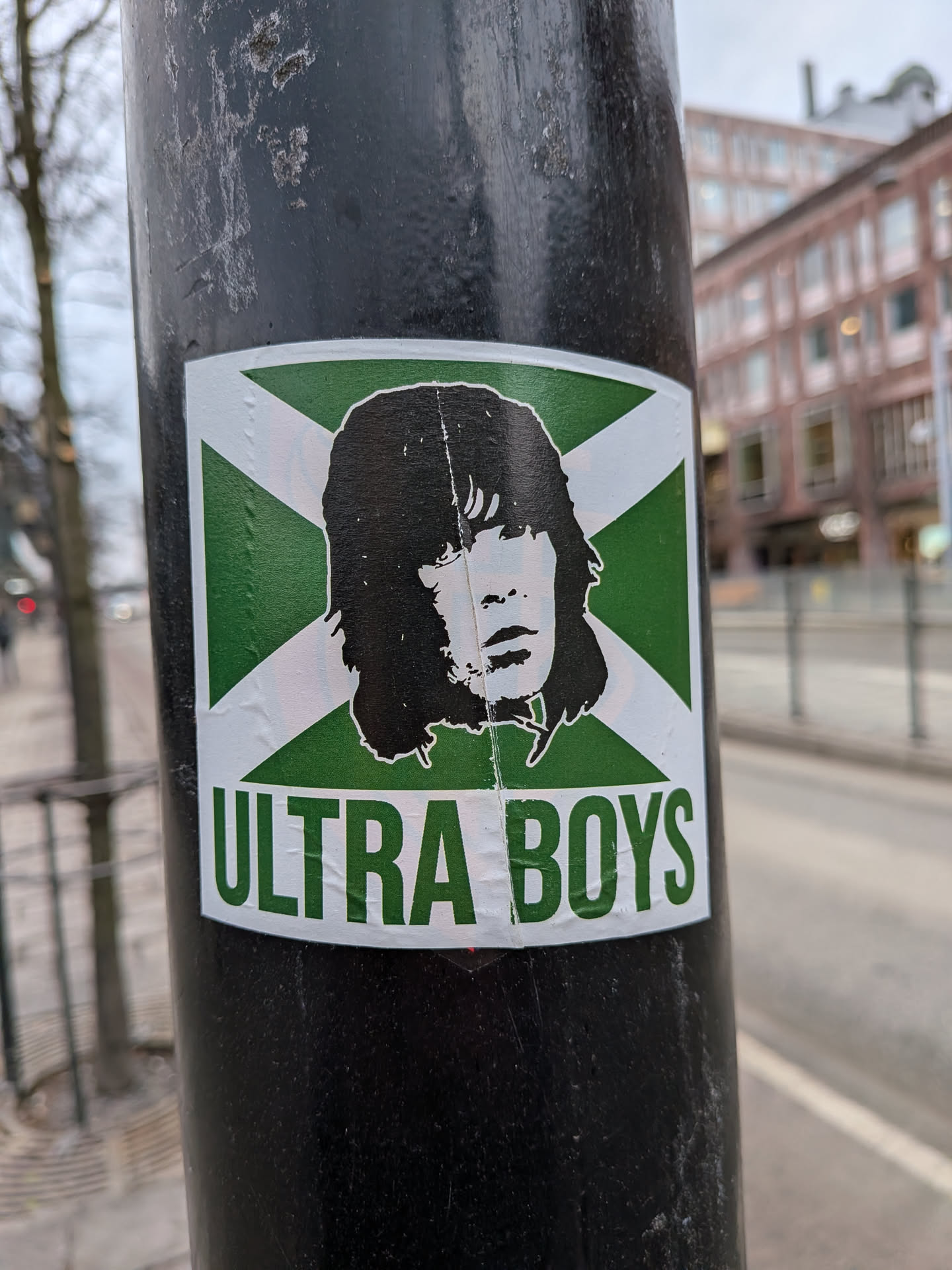 The sticker is square-shaped, predominantly featuring a green and white color scheme. The background is divided into four triangles by a white 'X' or saltire-like cross, with the top and bottom triangles being white, and the left and right triangles being green. Centered on this background is a black silhouette of a person's head with shaggy, medium-length hair, depicted in a stylized, almost punk-rock fashion. The face has minimal white outlines for the eyes, nose, and mouth. Below the head, in a bold, sans-serif green font, is the text 'ULTRA BOYS'. The sticker shows signs of wear, with some creases and slight peeling, indicating it's a physical sticker affixed to a dark pole.