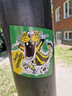 Street sticker A sticker featuring a cartoon illustration of a yellow and black striped animal character playing soccer. The character appears to be a stylized badger or similar creature with a large open mouth.  The sticker has a green background with yellow accents and the text "I \u2764\ufe0f Hammarby" is prominently displayed.