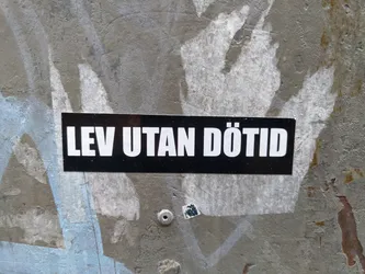 A black rectangular sticker with white bold text on it. The text says "LEV UTAN DÖTID" in Estonian. It's affixed to a weathered gray concrete wall. Some older graffiti is visible around the sticker.