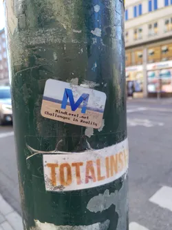 A sticker featuring a blue 'M' logo and the text 'Mindlevel.net Challenges in Reality' affixed to a weathered green pole.  Another partially visible sticker below reads 'TOTALINS...' 