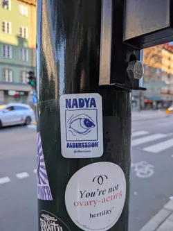 Street sticker A rectangular white sticker with rounded corners. It displays a blue line-drawn eye inside a square frame, flanked by the text 'NADYA' above and 'ALBERTSSON' with the handle '@albertssons' below.